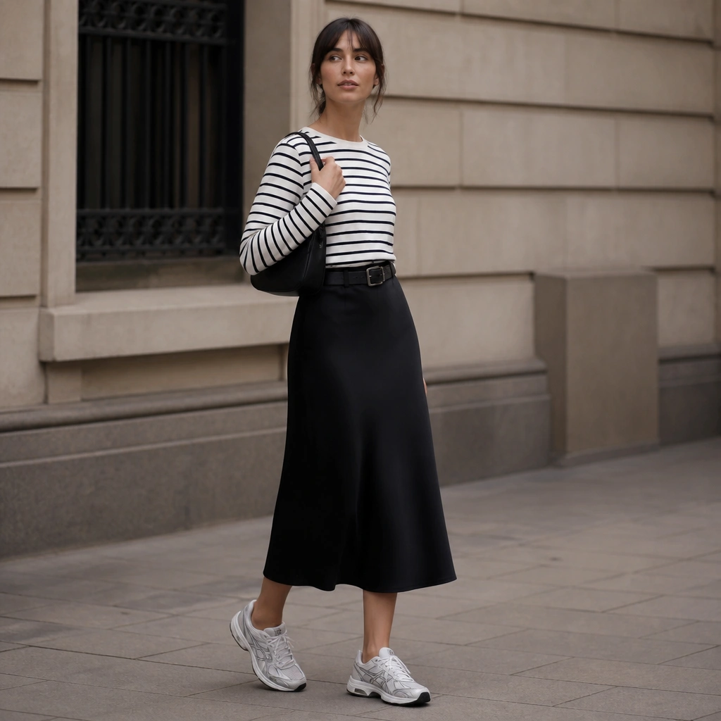 A black midi skirt with a striped long-sleeve top and white ASICS sneakers; the outfit includes a black belt and a small shoulder bag.