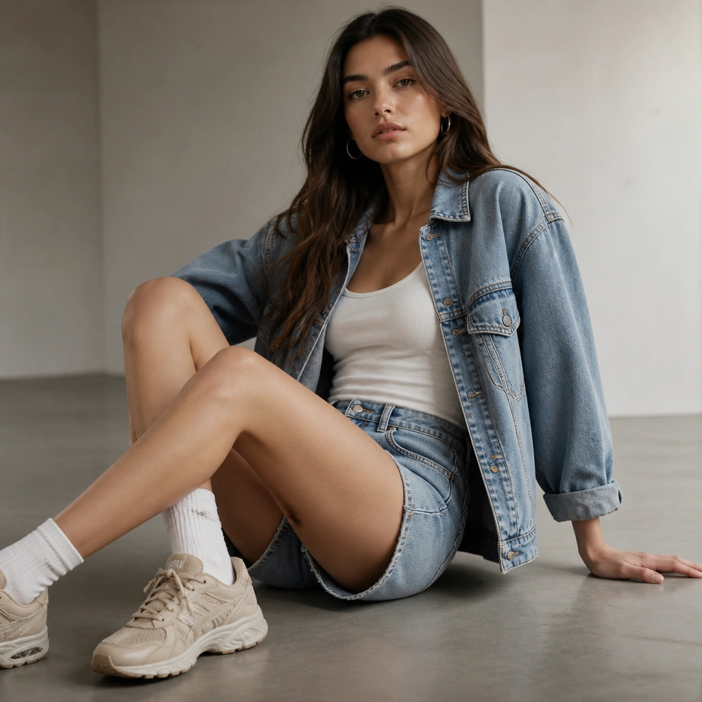 Sand-colored ASICS sneakers with a faded denim jacket and denim shorts; a white tank is under the jacket and the outfit looks like a coordinated set.