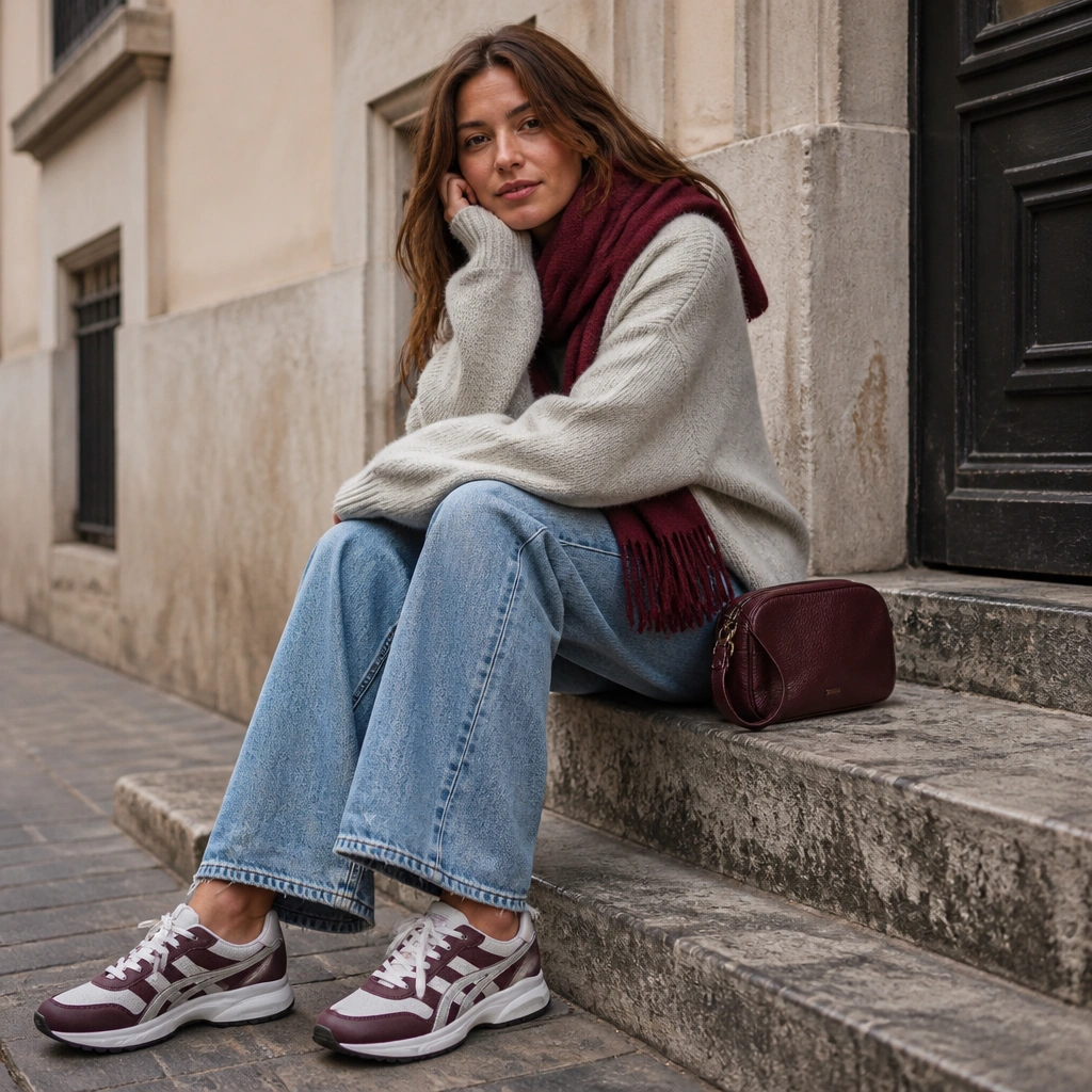 Plum-and-white ASICS sneakers with straight-leg jeans and a light gray knit sweater; a scarf and small purse add cozy detail.