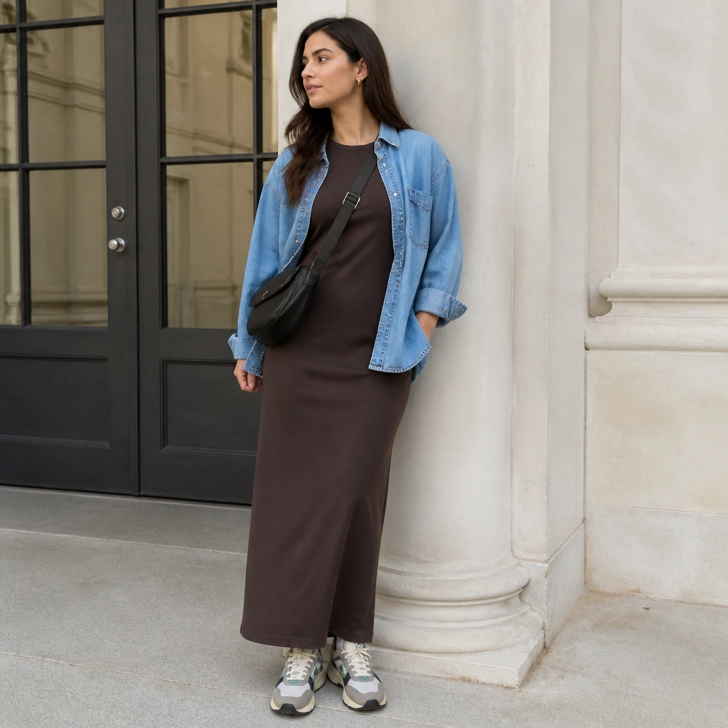 A solid maxi dress with a denim shirt worn open over it, paired with multi-color ASICS sneakers; a crossbody bag sits across the body.
