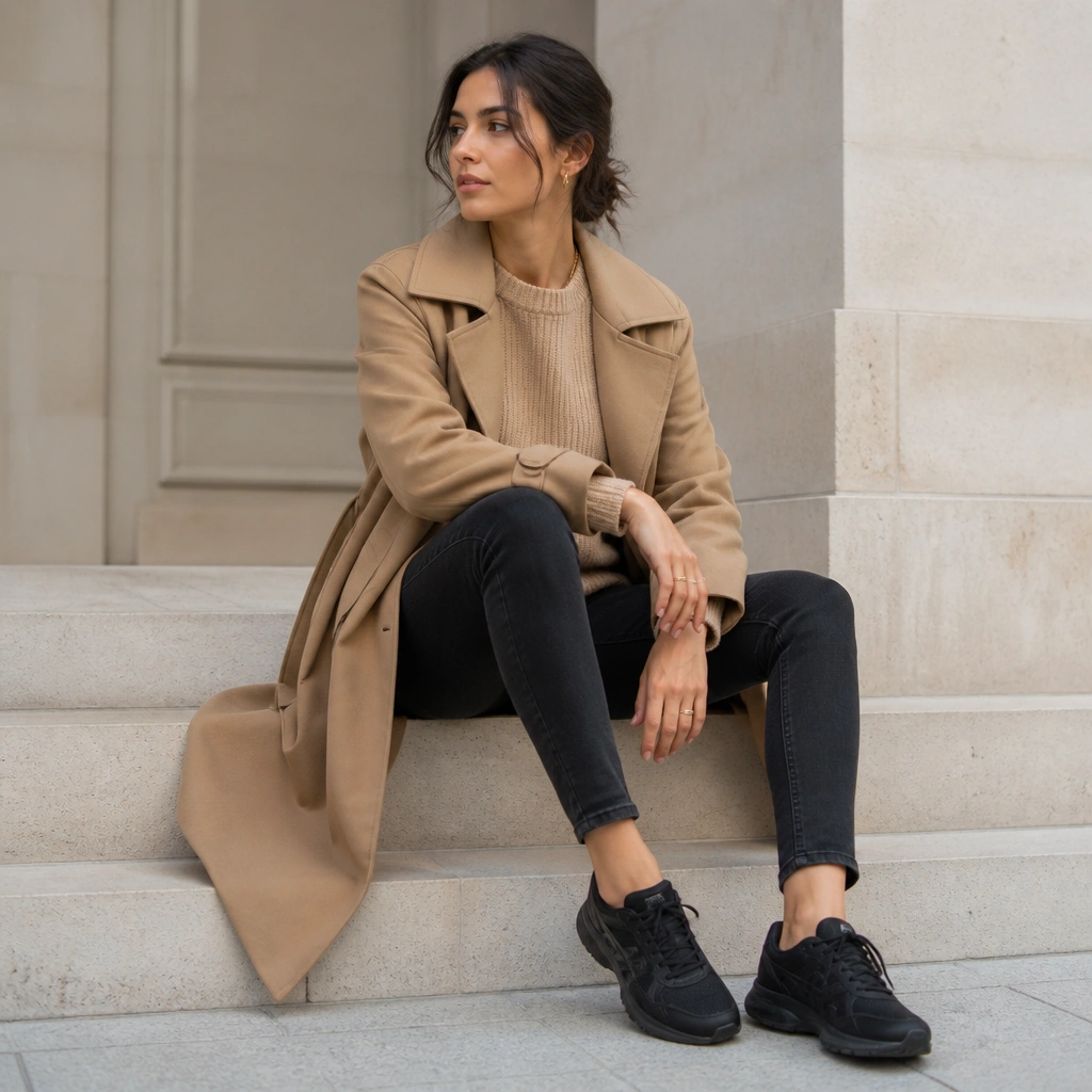 Black ASICS sneakers with skinny jeans and a camel trench coat; a beige sweater and minimal jewelry finish the outfit.