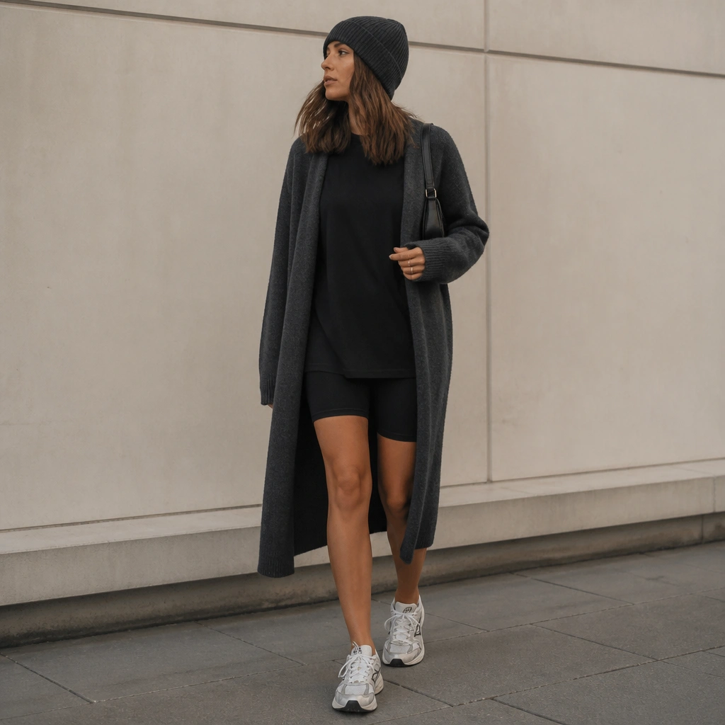 Black oversized T-shirt over black biker shorts with a longline cardigan in charcoal gray, styled with ASICS 1130 sneakers; the look is completed with a beanie and a small shoulder bag.
