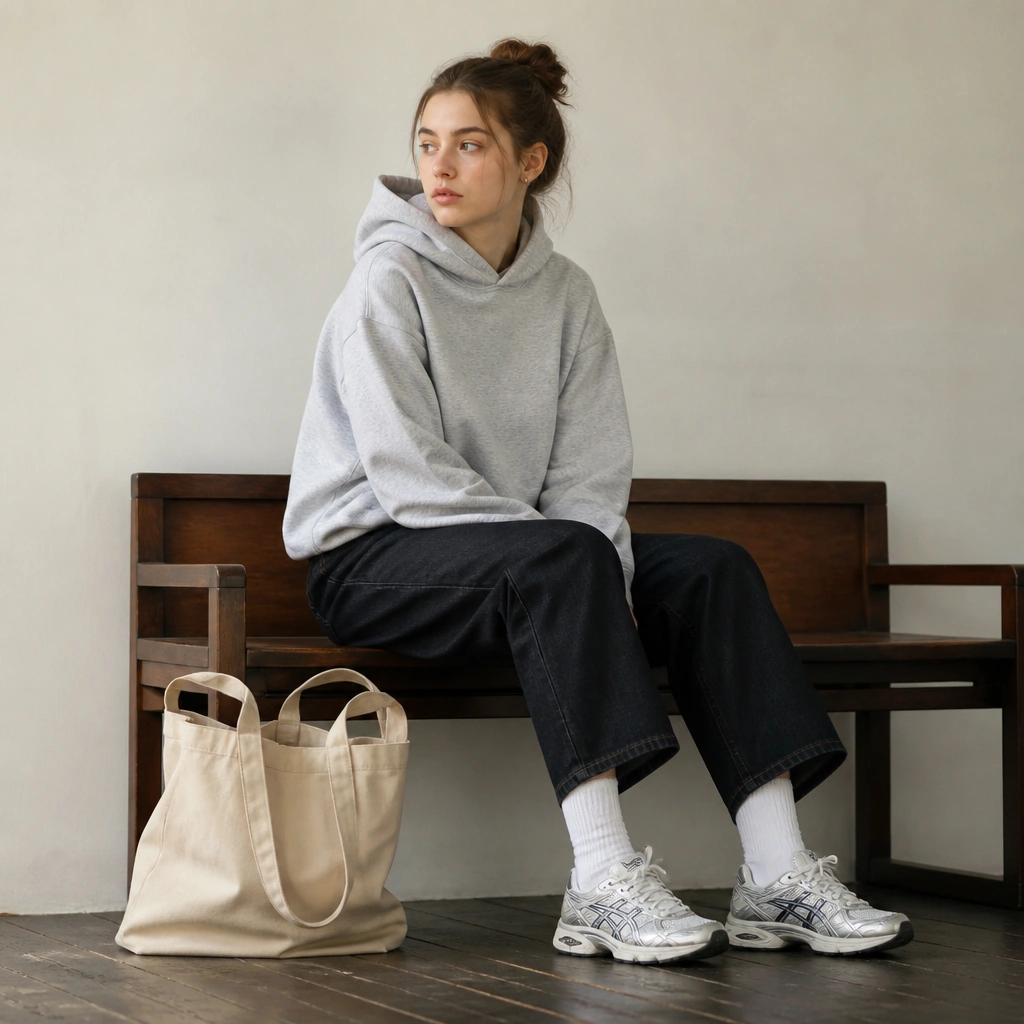 Heather gray hoodie worn with dark-wash jeans and visible white crew socks above ASICS 1130 sneakers; a neutral tote bag sits at the side.