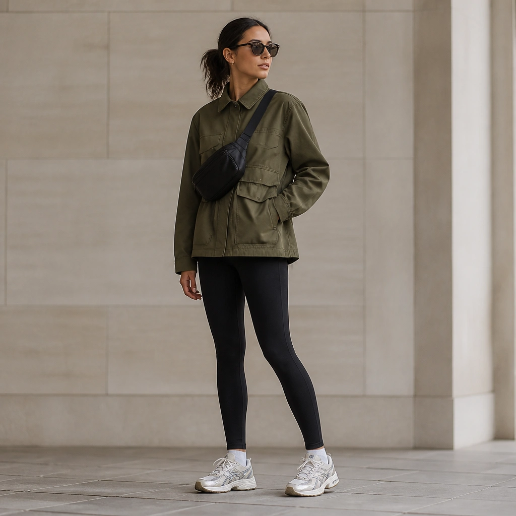 Olive utility jacket over black leggings with an adjustable belt bag worn across the chest; ASICS 1130 sneakers are visible in a three-quarter stance.