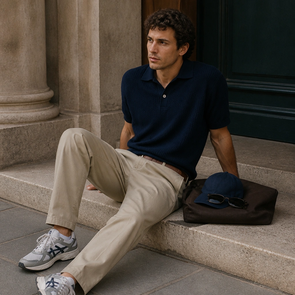 Navy knit polo shirt tucked into khaki chinos, paired with ASICS 1130 sneakers; a low-profile baseball cap and sunglasses rest on top of the bag.
