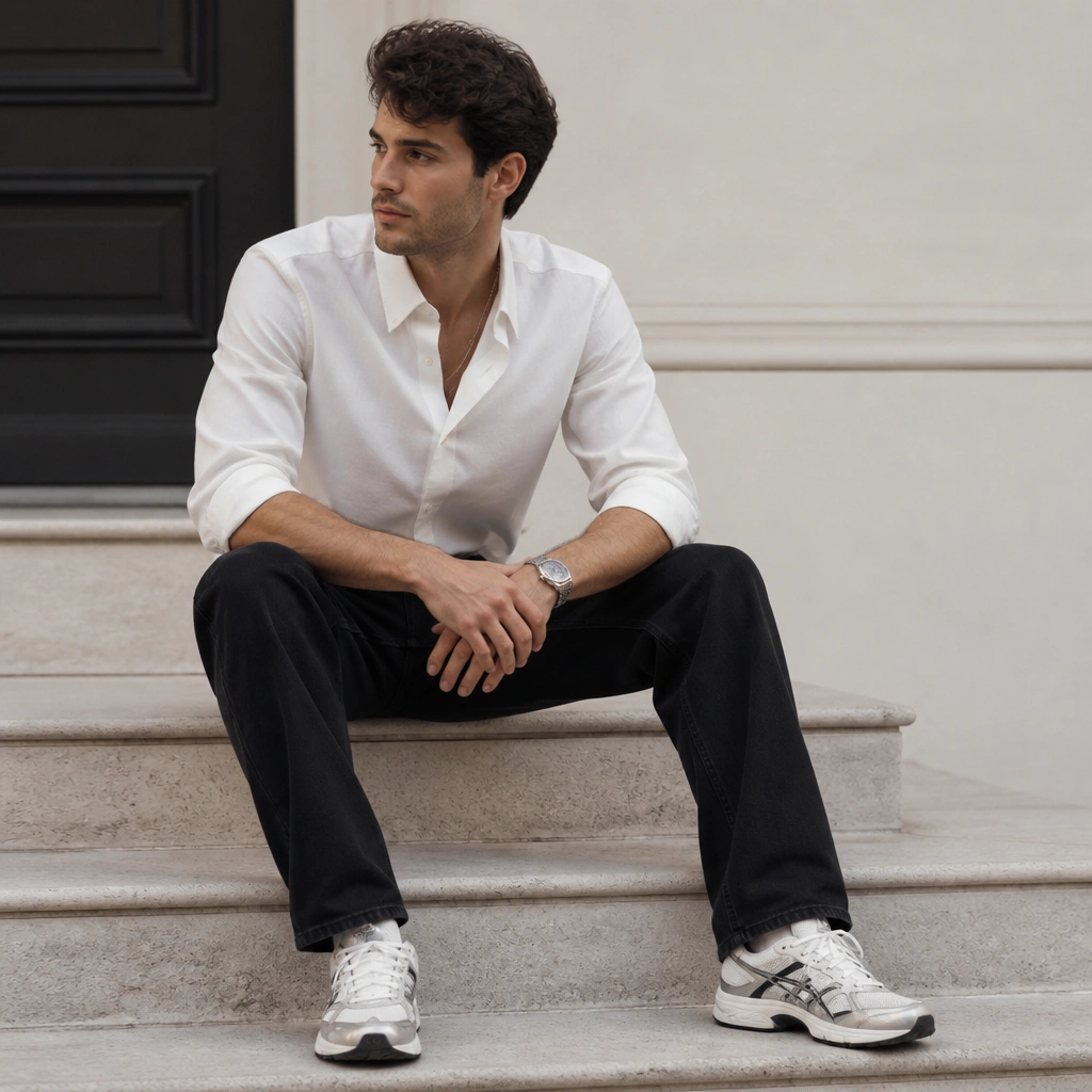 Crisp white button-up with sleeves rolled to mid-forearm, worn with black straight-leg jeans and ASICS 1130 sneakers; a watch and minimal chain necklace are visible.