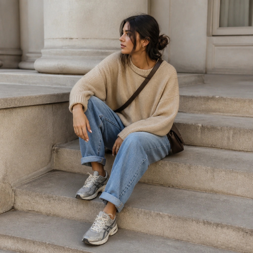 Sand-colored knit sweater worn slightly oversized with medium-wash boyfriend jeans; ASICS 1130 sneakers and a crossbody bag complete the look.