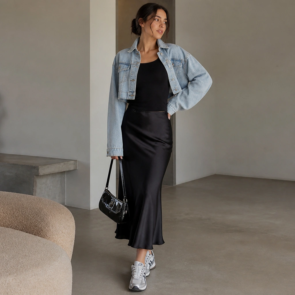 Black satin slip skirt paired with a fitted black tank and a cropped light-wash denim jacket; ASICS 1130 sneakers visible with a glossy mini bag.