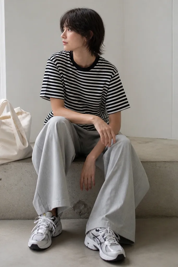 Black-and-white striped tee worn with light-gray wide-leg trousers; ASICS 1130 sneakers are centered in the frame with a simple tote bag.
