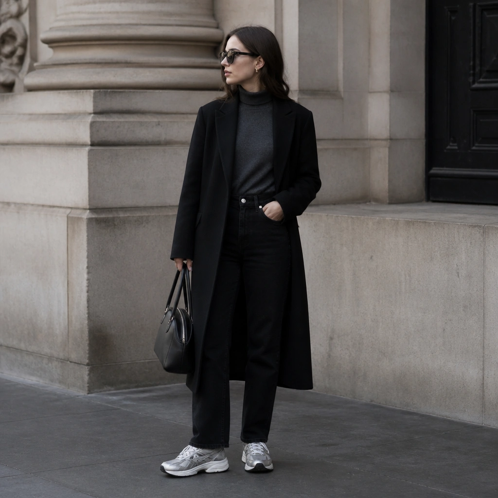 Charcoal turtleneck tucked into black straight jeans, styled with a long black coat and ASICS 1130 sneakers; a structured handbag hangs at the side.