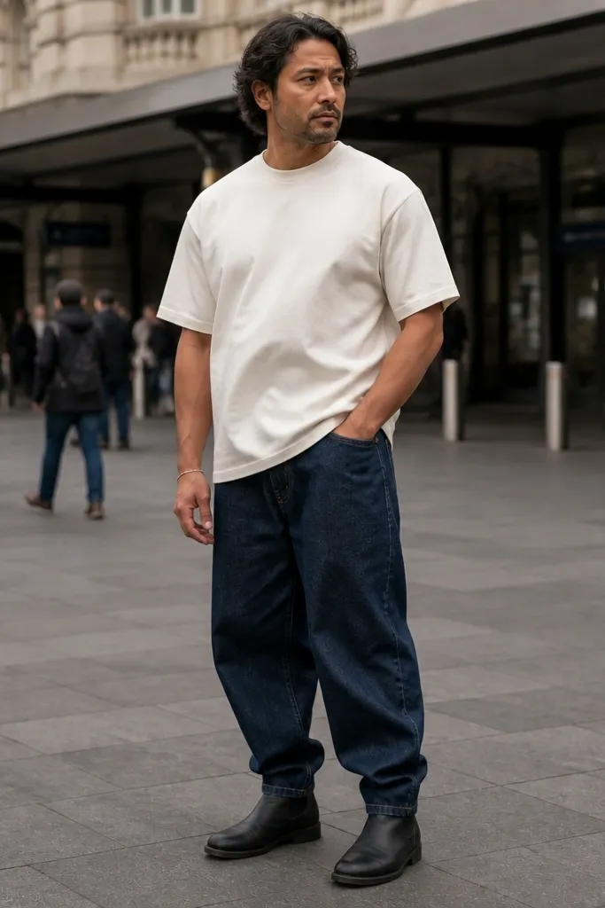 Off-white tee with dark indigo baggy jeans and black Chelsea boots