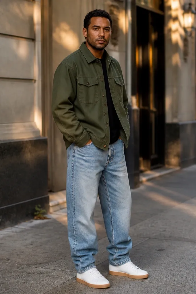 Olive overshirt with light wash baggy jeans and white low-top sneakers