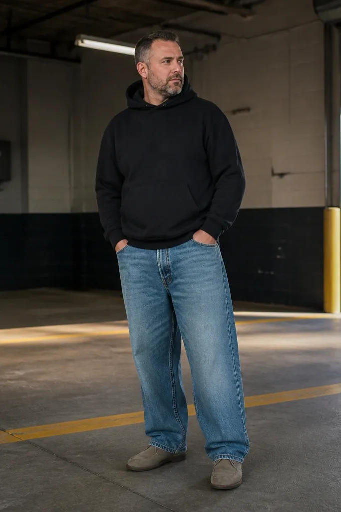 Black hoodie with medium-wash baggy jeans and grey suede chukkas