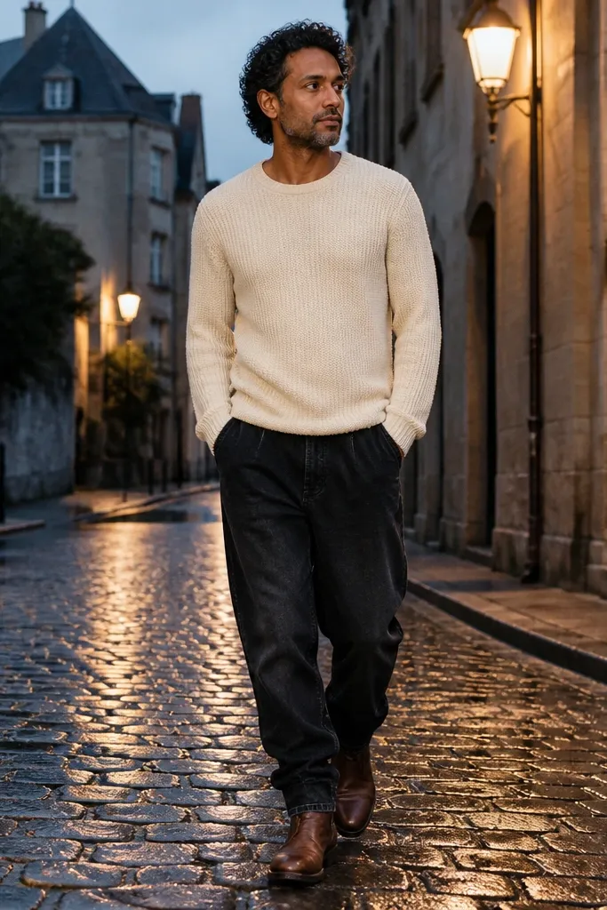 Cream knit sweater with black baggy jeans and brown leather boots