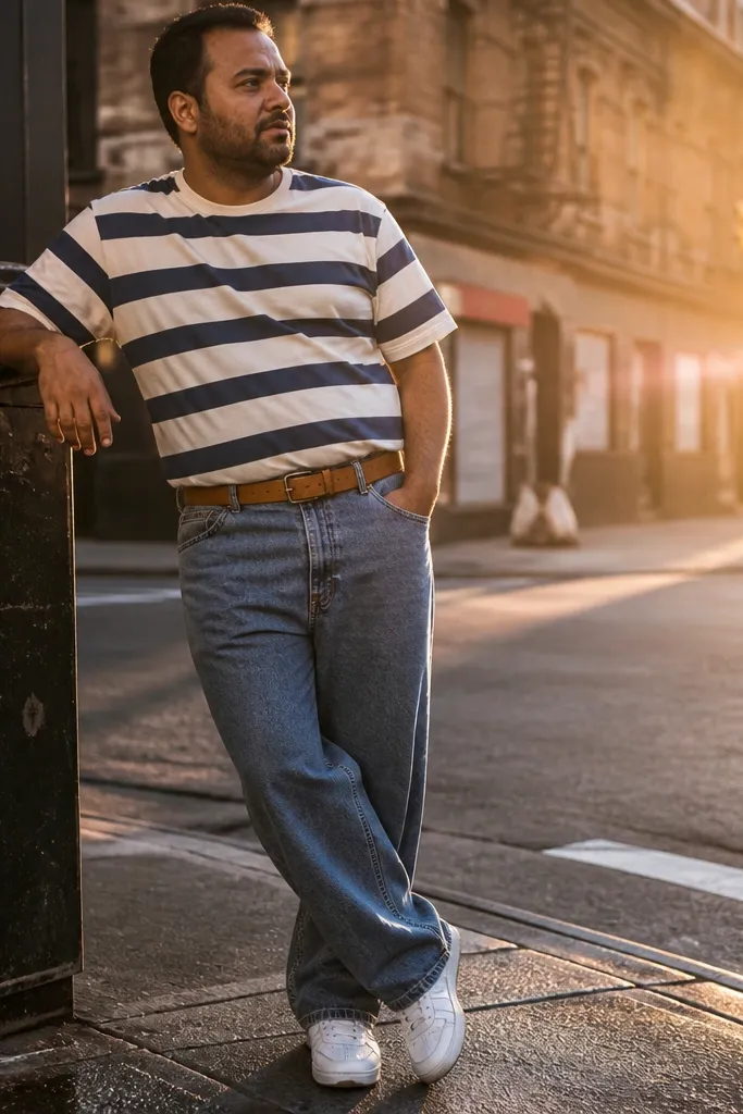 Striped tee with mid-wash baggy jeans, tan belt, and white trainers