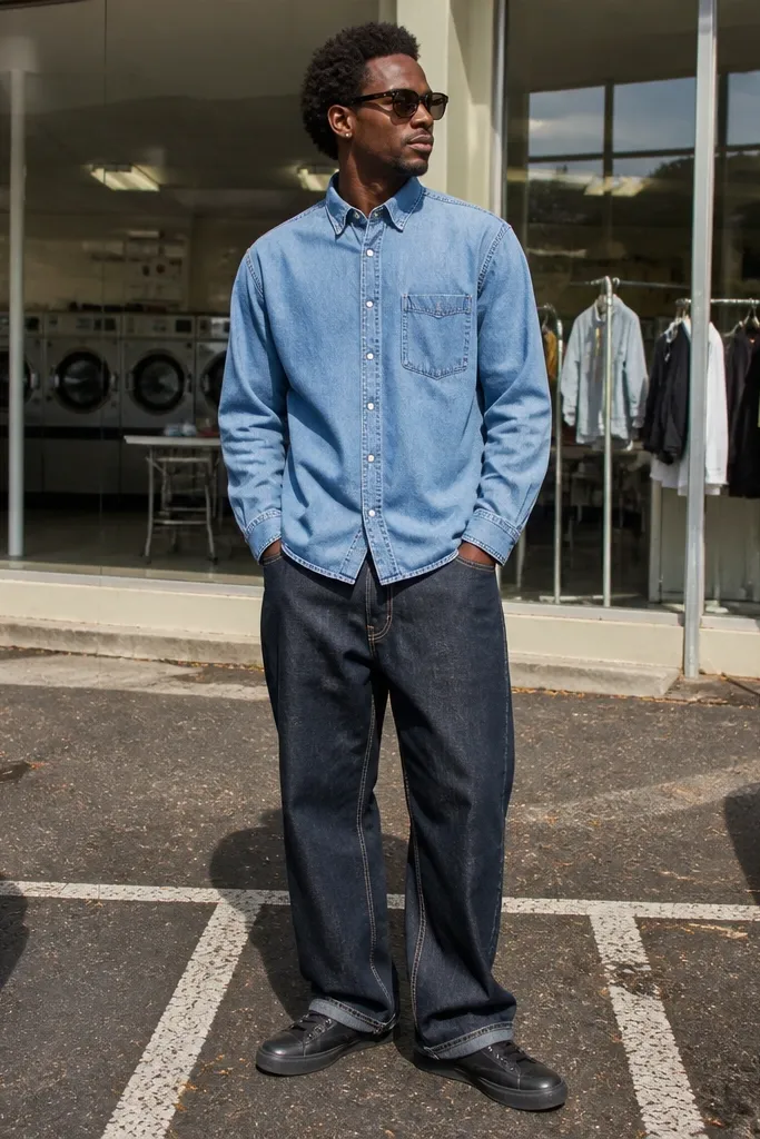 Light blue denim shirt with dark baggy jeans and black sneakers