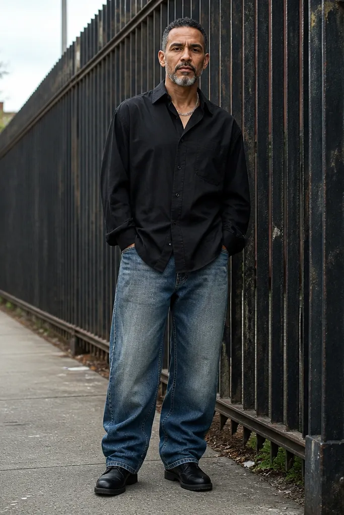 Black oversized shirt with washed blue baggy jeans and silver chain