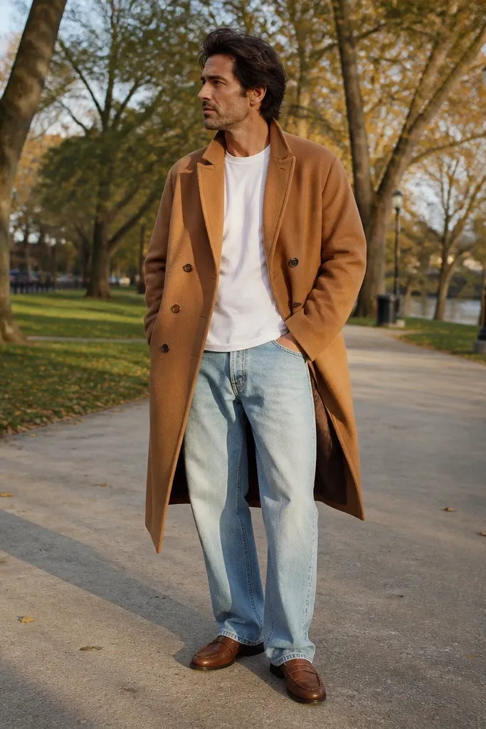 Camel coat over white tee with light wash baggy jeans and brown loafers