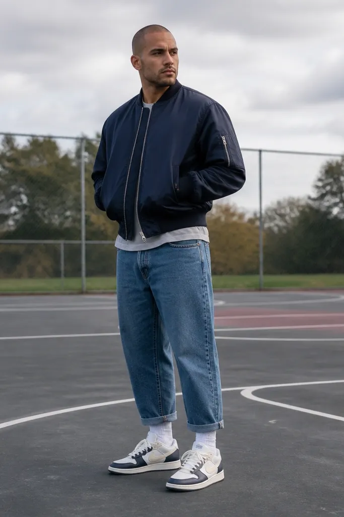 Navy bomber jacket with medium wash baggy jeans and retro sneakers