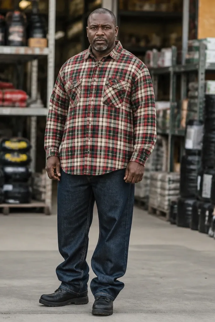 Plaid flannel with dark baggy jeans and black work boots