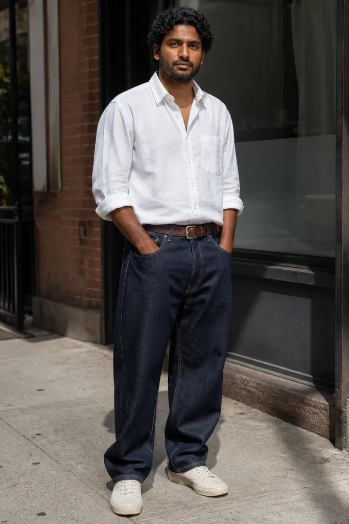 White button-down with indigo baggy jeans and brown belt