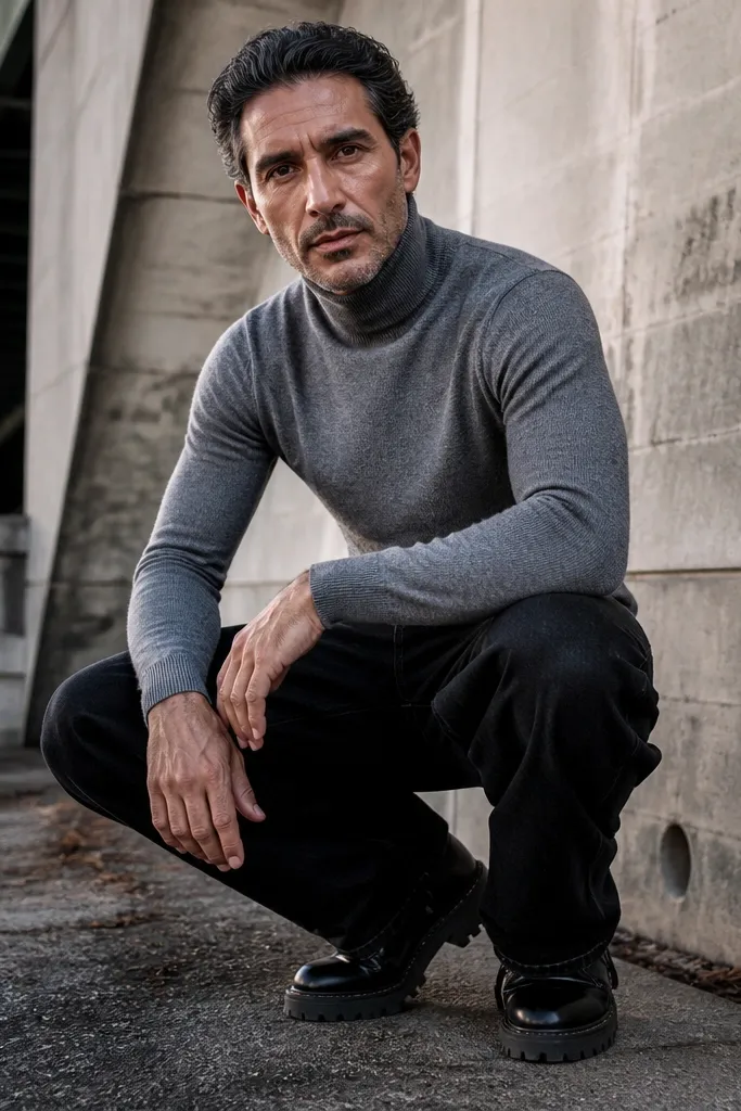 Grey turtleneck with black baggy jeans and chunky lug sole boots