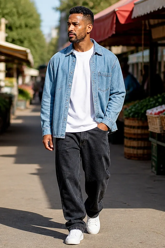 Sky blue denim shirt jacket over white tee with dark baggy jeans and white sneakers