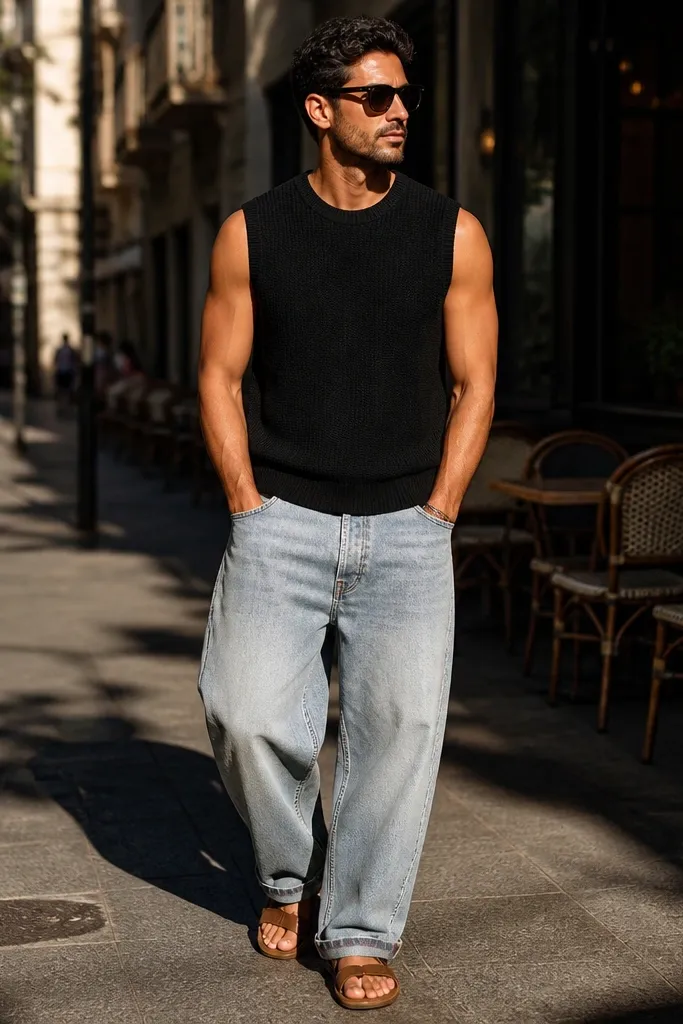 Black tank with light wash baggy jeans and sandals with oversized sunglasses