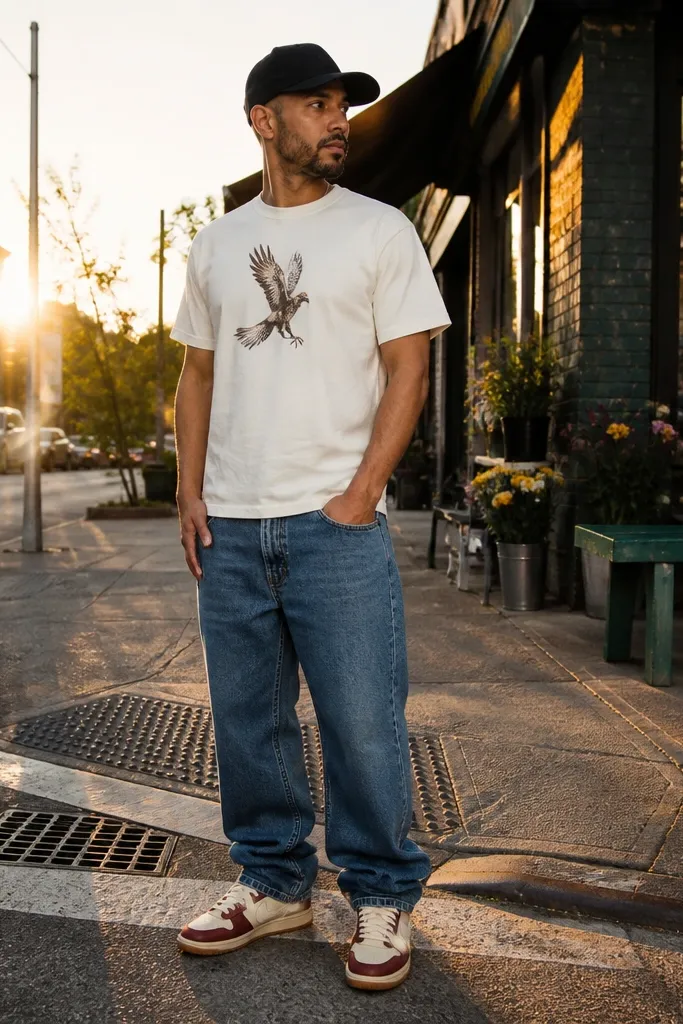 White graphic tee with mid-wash baggy jeans, black cap, and retro sneakers