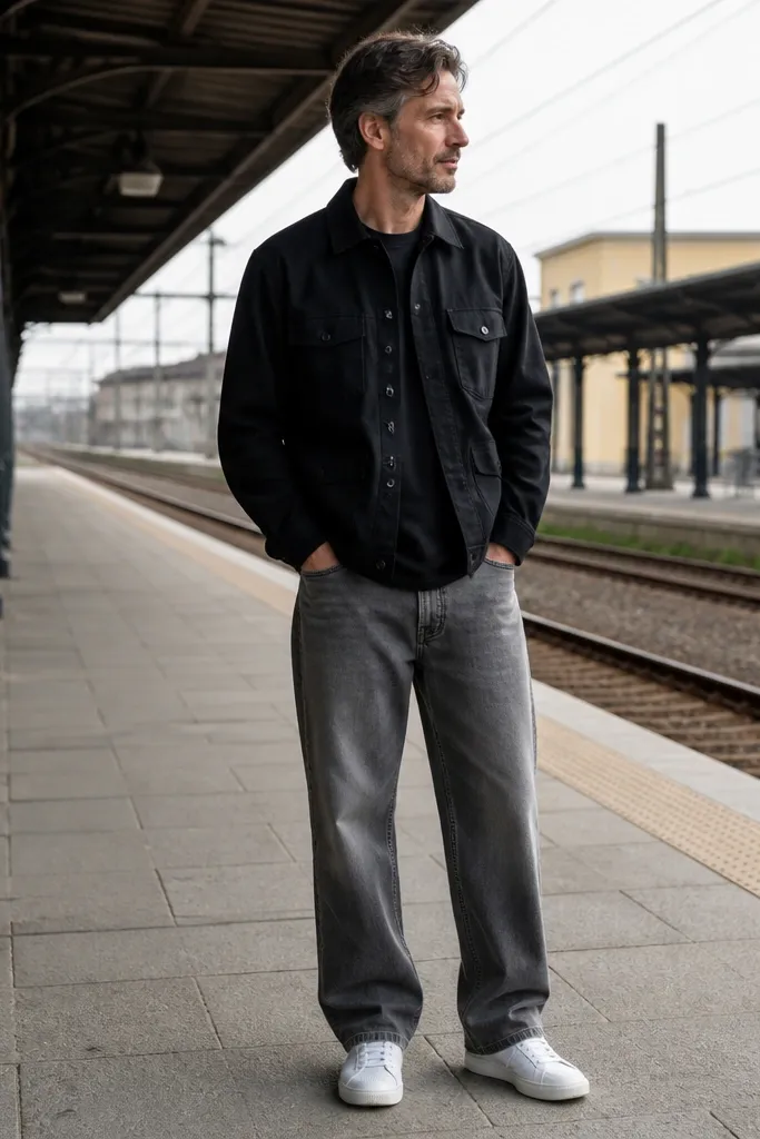 Black overshirt with grey baggy jeans and white sneakers