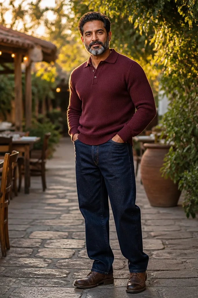Burgundy knit polo with dark indigo baggy jeans and brown boots