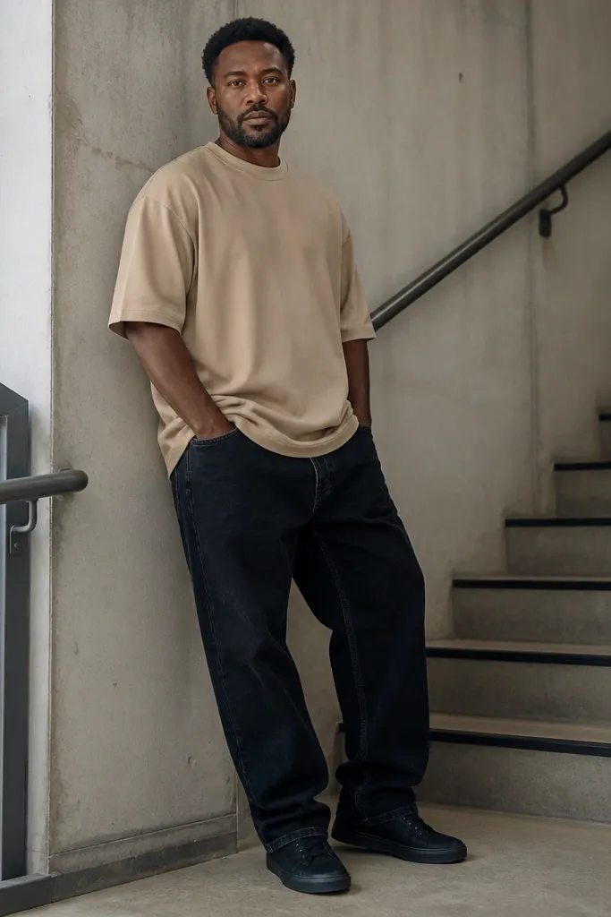 Tan oversized tee with black baggy jeans and black sneakers