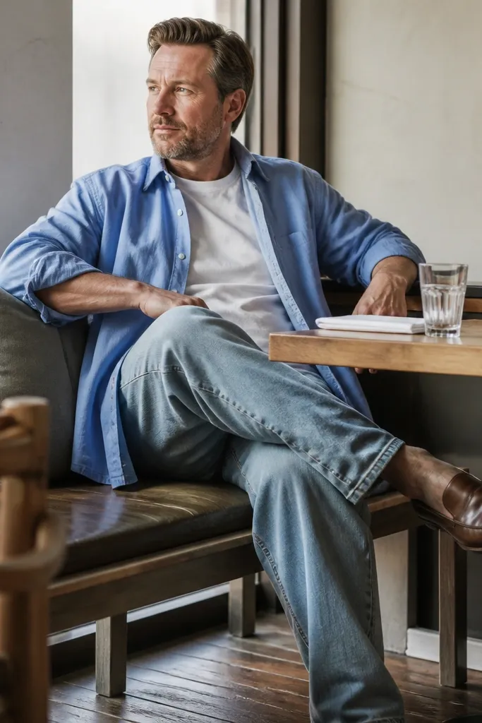 Light blue oxford shirt over white tee with light wash baggy jeans and brown loafers
