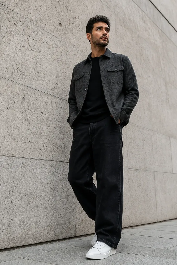 Charcoal overshirt with black baggy jeans and white sneakers