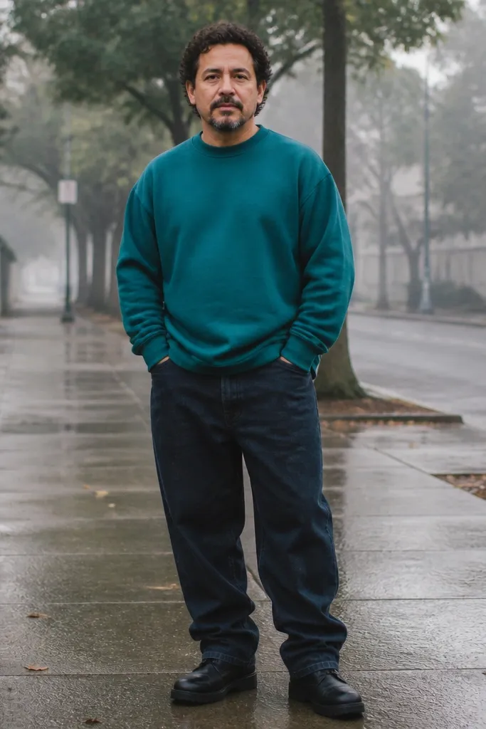Teal crewneck sweatshirt with dark baggy jeans and black boots
