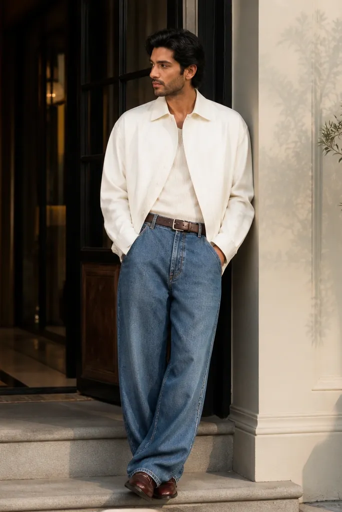 White overshirt over tee with blue baggy jeans, dark brown belt, and brown derby shoes