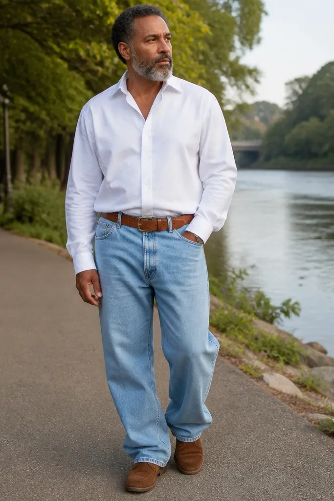 White shirt with powder-blue baggy jeans, cognac belt, suede derby shoes