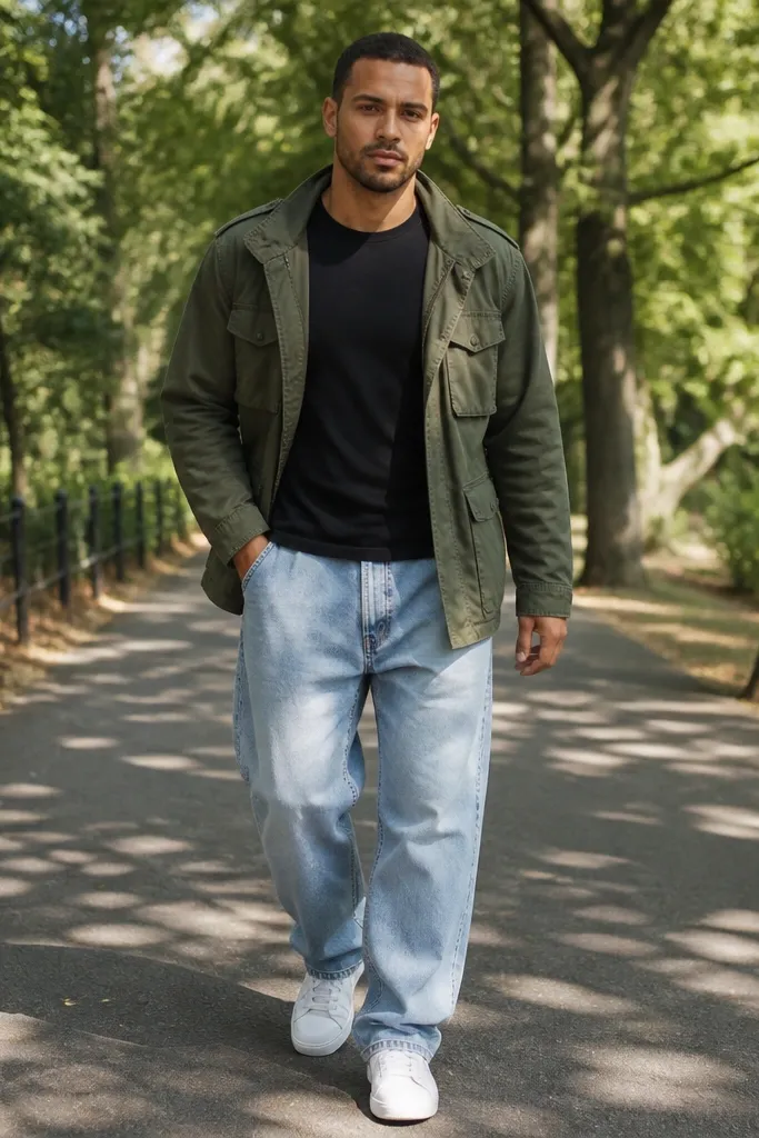 Black tee under olive jacket with light sky baggy jeans and white sneakers