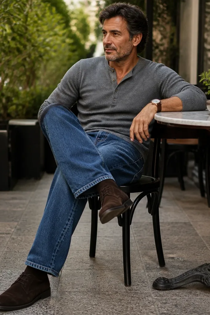 Grey henley with mid-wash baggy jeans and dark brown suede chukkas