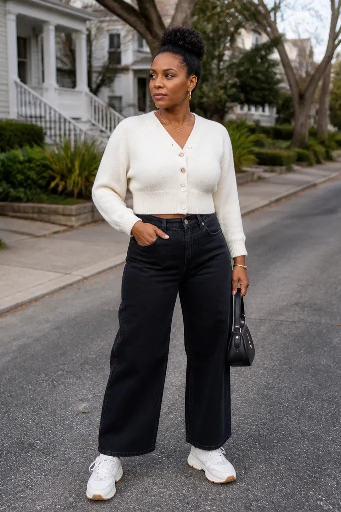 Black wide-leg jeans with cream cropped cardigan and white chunky sneakers