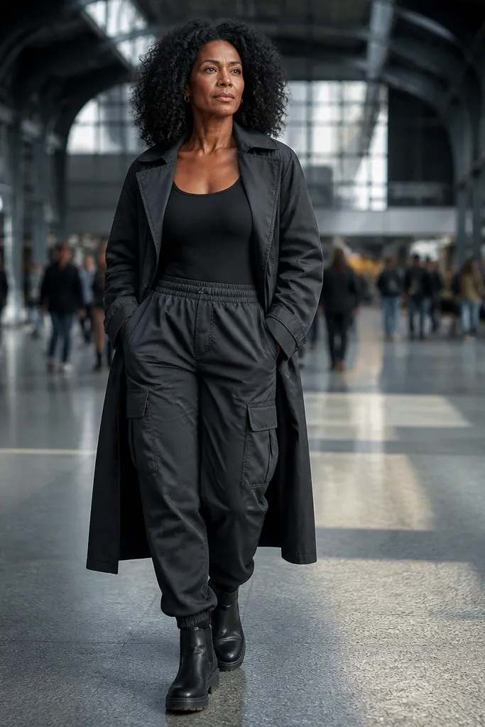 Charcoal cargo pants with black bodysuit and long black trench coat