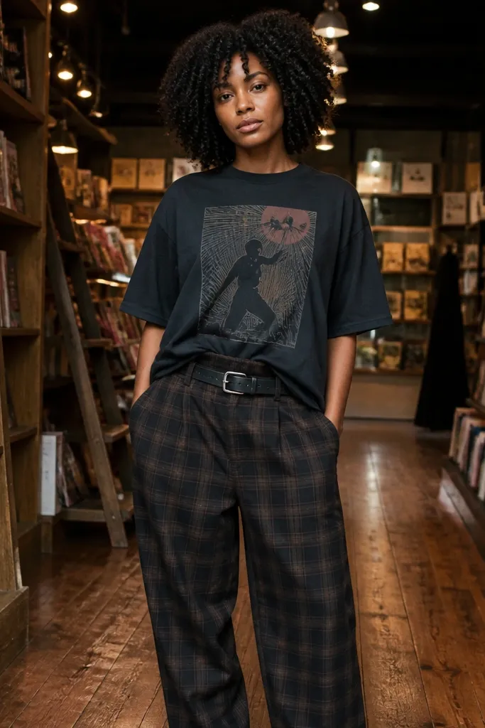 Oversized black graphic tee with baggy plaid trousers and a brown belt