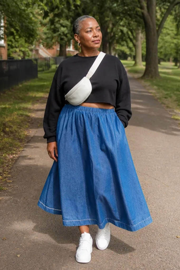 Baggy denim maxi skirt with cropped black sweatshirt and white belt bag