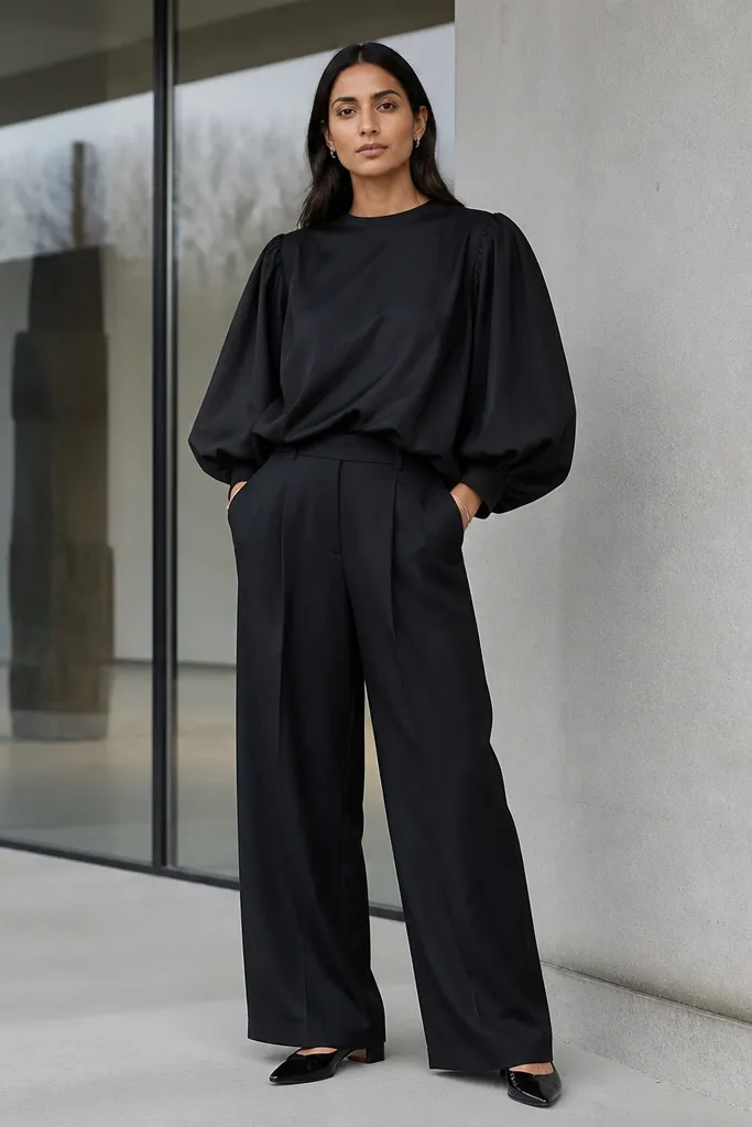 Black puff-sleeve baggy blouse with wide-leg trousers and pointed flats