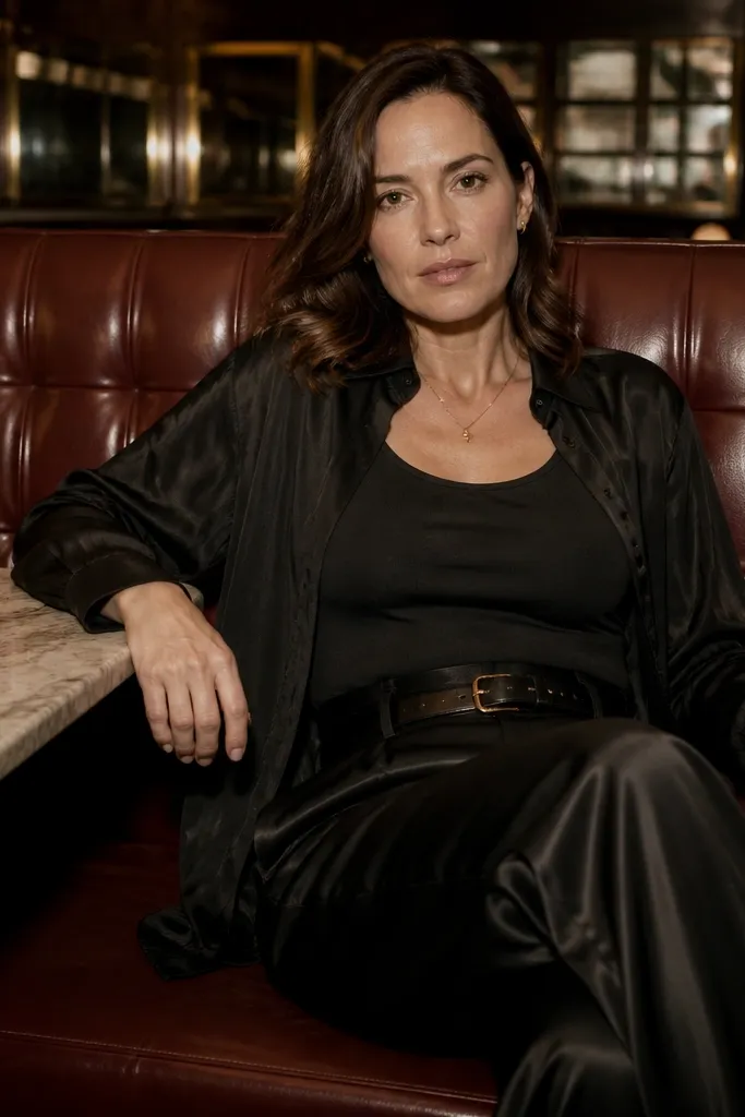 Black satin wide-leg pants with loose button-up shirt and waist belt