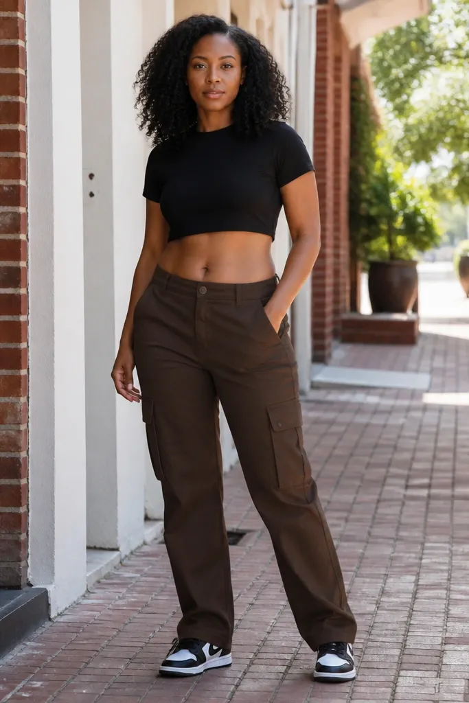 Deep brown cargo pants with cropped black tee and black-and-white sneakers