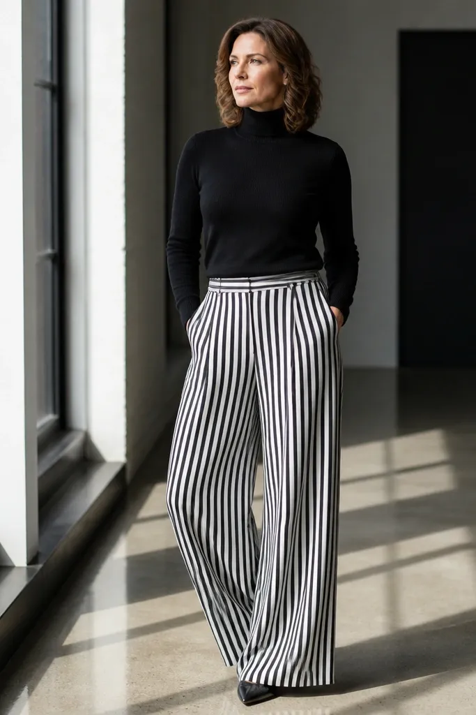 Black and white striped baggy trousers with fitted black turtleneck