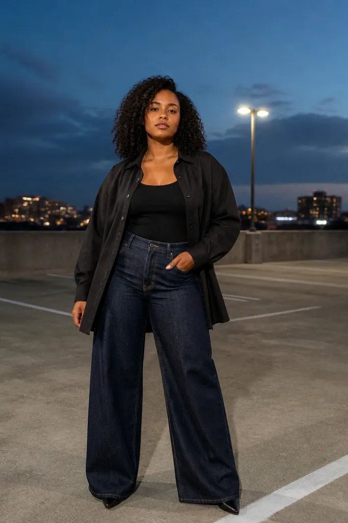 Oversized black button-up over black biker shorts with wide-leg denim