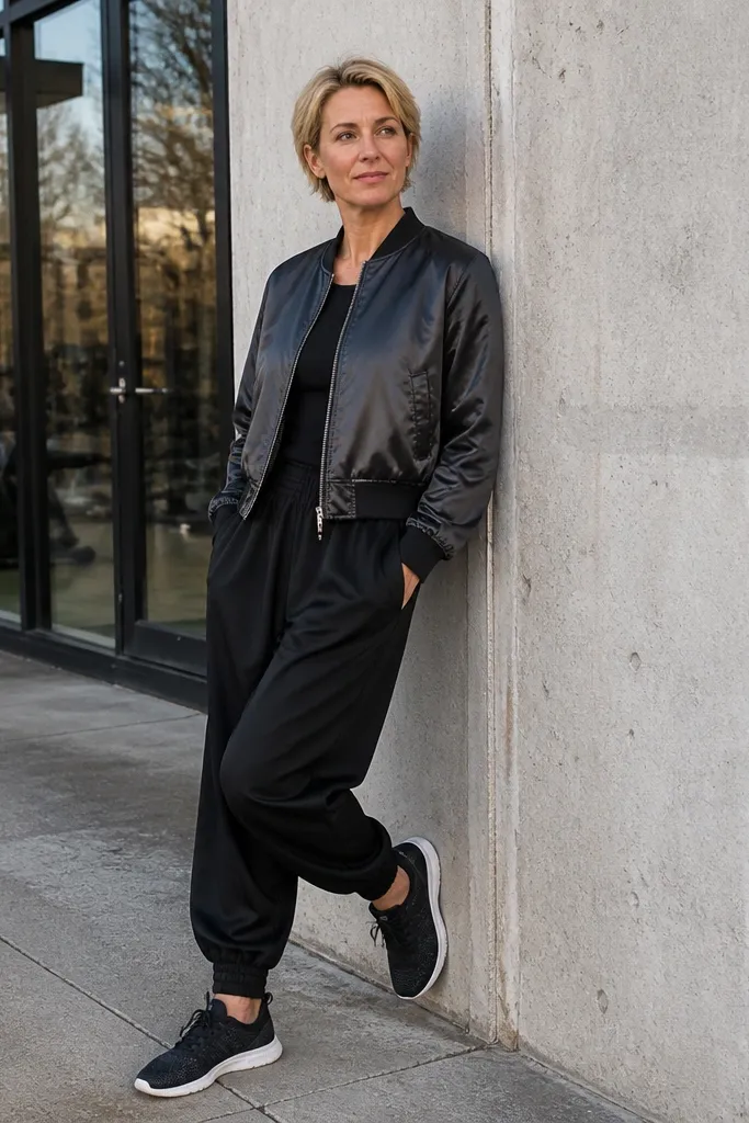 Baggy black track pants with satin bomber jacket and low-profile sneakers