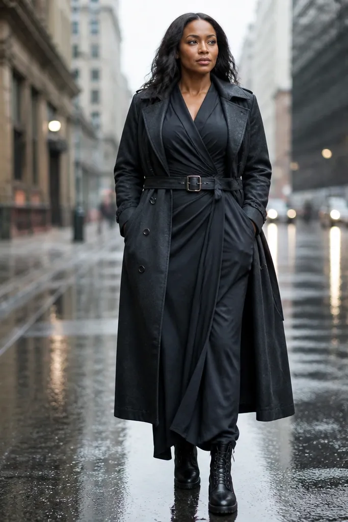 Black maxi dress with draped waist, belted coat, and combat boots